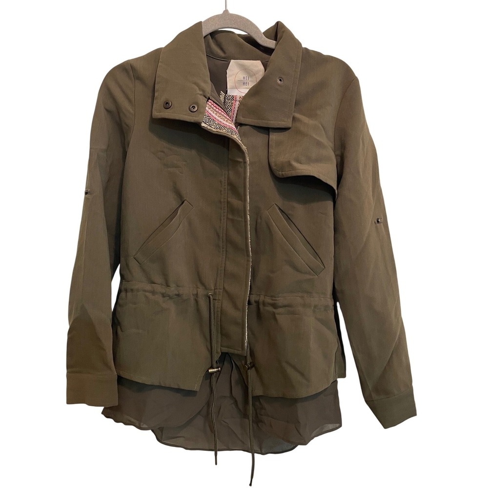 Anthropologie Hei Hei Olive Green Mixed Media Utility Military Jacket Size XS
